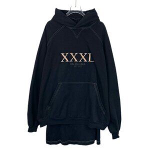Balenciaga Black Oversized Hoodie Sweatshirt With Front Pocket & Layered Hem Uni